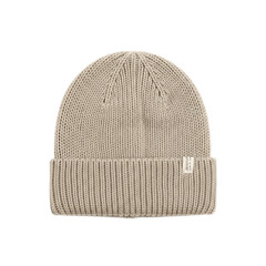 A beige, knitted beanie hat is isolated against a black background, presenting a stylish and warm winter accessory.