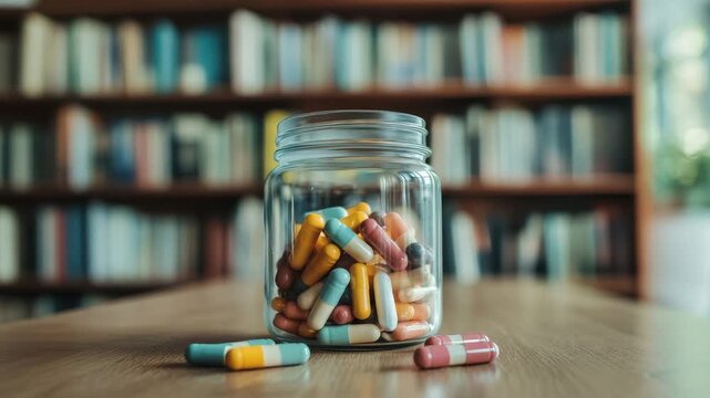 Colorful capsule pill medicine in transparent glass jar on wooden table with blurred bookshelf background showcasing healthcare and pharmaceutical wellness concept
