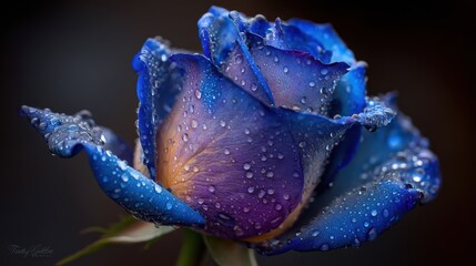 A vibrant blue rose covered in fresh water droplets stands out against a dark, blurred background