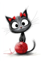 Curious cartoon black kitten with big eyes plays with a ball of yarn, white background, for children's books and greeting cards.