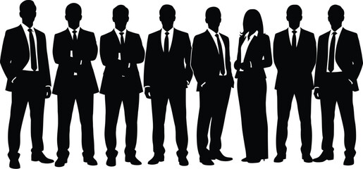 Eight business professionals in silhouette suits, standing in a row.eps