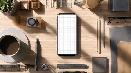 Modern black smartphone with a blank white grid screen mockup featuring a sleek design and thin bezels.