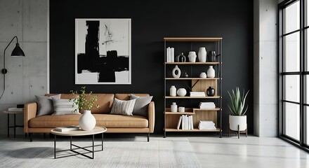 Modern Living Room Interior with Artwork and Bookshelf.