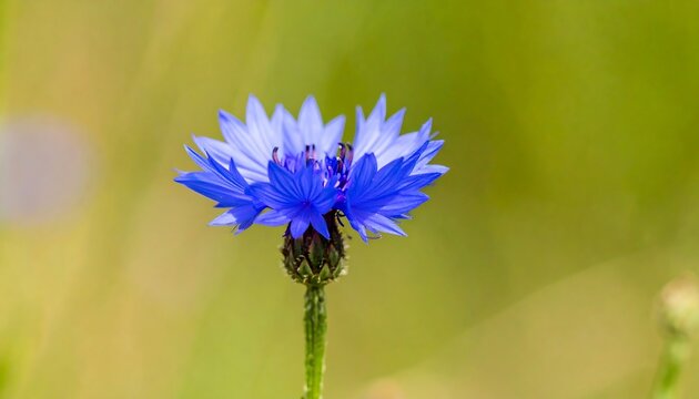 A vibrant, detailed close-up of a single, exquisite blue cornflower, set against a soft, out-of-focus backdrop of yellowish-green tones, showcasing the delicate petals and nuanced hues.