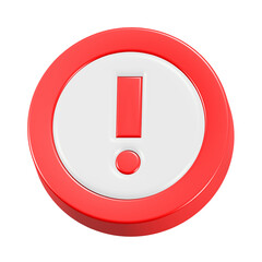A shiny red round attention alert icon with a metal exclamation mark button 3d rendering