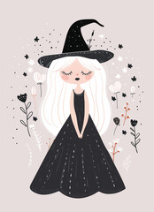 Halloween and fairytale concept. Cartoon girl with long white hair wearing black dress and pointed witch hat standing among flowers on light background. Vector illustration. Design for greeting card