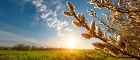 Pussy willow branches in bloom with a vibrant sunrise over a green field and a blue sky with scattered clouds