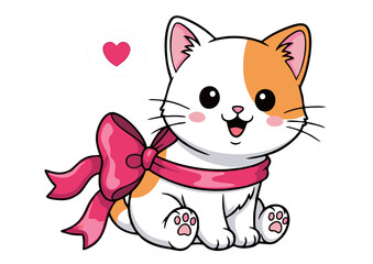 Fototapeta premium Adorable Kitten with Pink Ribbon A Heartwarming Illustration for Greeting Cards, Wall Art, and Children's Books