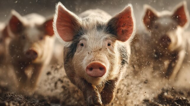 Pigs running through muddy ground in the late afternoon light on a farm during autumn