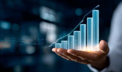 A futuristic digital scene showing a businessman’s hand overlaying a glowing holographic bar graph that is steadily increasing upward.