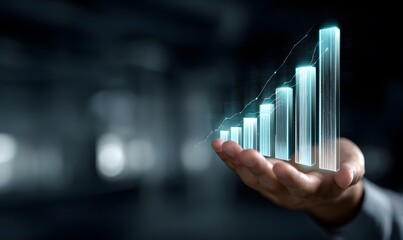 A futuristic digital scene showing a businessman’s hand overlaying a glowing holographic bar graph that is steadily increasing upward.