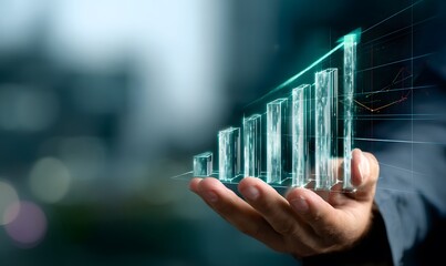 A futuristic digital scene showing a businessman’s hand overlaying a glowing holographic bar graph that is steadily increasing upward.