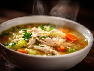 A bowl of steaming hot chicken noodle soup