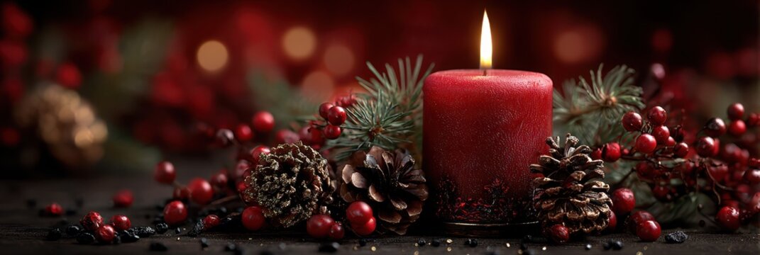 Warm candlelight surrounded by pinecones and berries creates a cozy holiday atmosphere