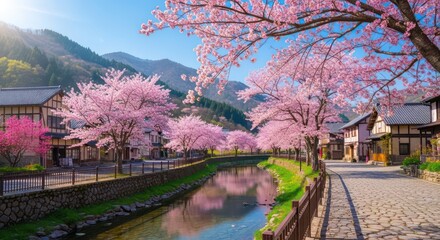 Tranquil Japanese Village Scene with Cherry Blossoms Reflecting in River