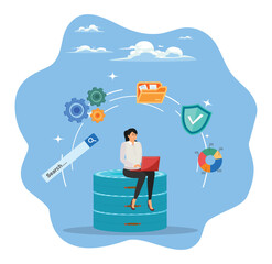 Database administration concept, woman working with computer laptop on database.