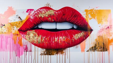 Oversized, luscious red lips with white teeth and gold leaf accents, abstract paint splatters