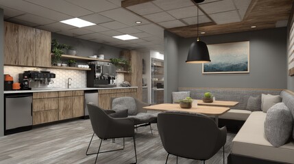 Modern office break room with seating and coffee bar
