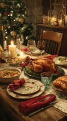 Fototapeta premium Festive dinner table set with roasted turkey and delicious side dishes during a cozy holiday gathering