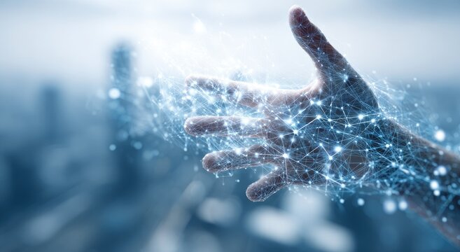 A hand with digital network radiating from it against a blurred cityscape