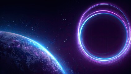 Space scene with glowing rings and Earth