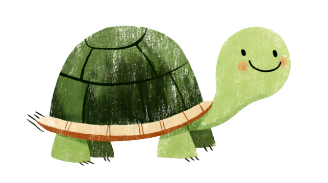 A doodle turtle with a simple shell and a face peeking out with a big smile, isolated on a Transparent Background