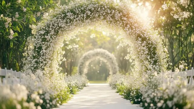 White flower archway with lush greenery lines bright outdoor pathway garden decoration wedding ceremony creating serene romantic atmosphere surrounded by delicate blossoms and sunlight shining through