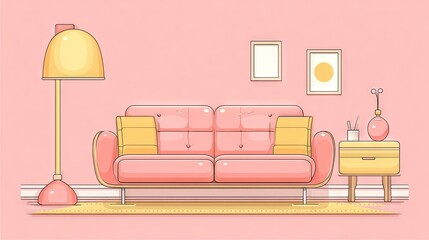 Pink living room interior design with a simple line style.