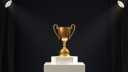 Golden trophy displayed elegantly on a pedestal against a dark backdrop.