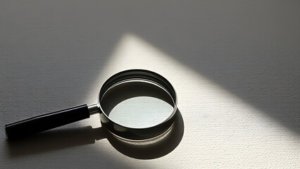Magnifying glass on a textured surface, highlighted by soft directional lighting in a minimalist setup.