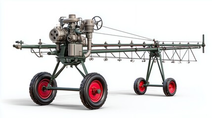 A bright red baby stroller is isolated on a white background, ready for fun transportation