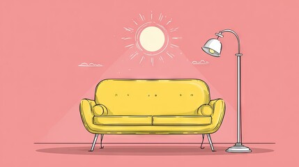 Yellow couch and floor lamp in a room.