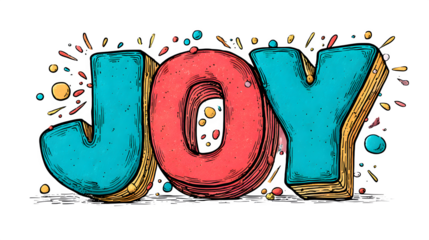 A doodle typography illustration of the word "JOY", with bold, blocky letters that are bursting with a cheerful, vibrant energy, isolated on a Transparent Background
