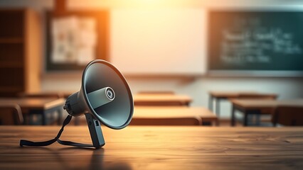 A megaphone sits on a wooden surface, with a softly blurred classroom in the background.