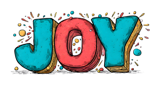 A doodle typography illustration of the word "JOY", with bold, blocky letters that are bursting with a cheerful, vibrant energy, isolated on a Transparent Background