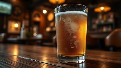 Close-up of a frosted beer glass with glistening condensation, evoking a cozy and inviting tavern atmosphere.
