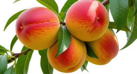 Four ripe peaches with red and yellow blush, showing their smooth skin and green leaves on a tree branch, closeup view isolated on transparent background