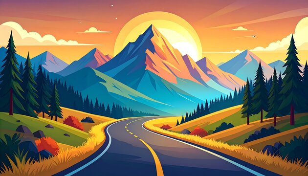 A picturesque landscape unfolds, showcasing a winding road leading through a colorful mountain range under a vibrant sunset.