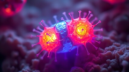 Bioluminescent dual-colored cellular structure pulsating rhythmically, revealing microscopic life energy.