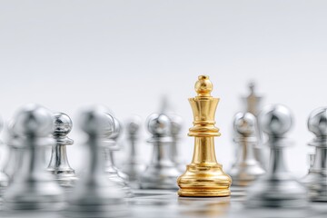 Golden chess queen amidst silver pieces