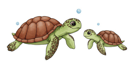 Watercolor Sea Turtle Mom and Baby – Cute Ocean Animal Illustration for Posters, Cards, Wall Art & Decoration
