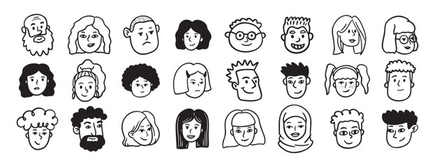 Faces people different avatars doodle hand drawn icon set. Outline drawing head people line clipart symbol collection