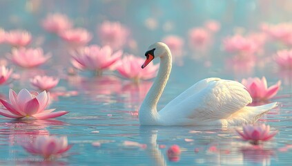 Naklejka premium A serene swan amidst a field of pink water lilies