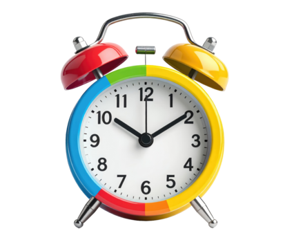 Colorful Alarm Clock with Red and Yellow Bells on White Background
