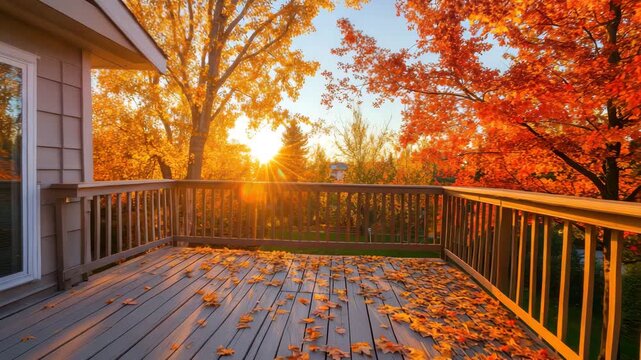Autumn leaves scattered on wooden deck with warm sunlight shining through colorful fall trees creating peaceful cozy outdoor nature scene bathed in orange leaf glow during sunset