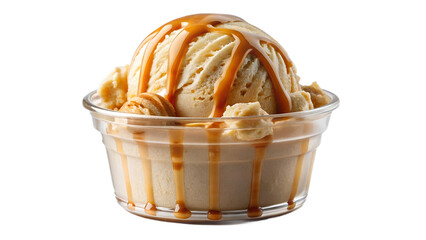 Fototapeta premium Scoop of vanilla ice cream with caramel drizzle in a clear glass bowl on a white background