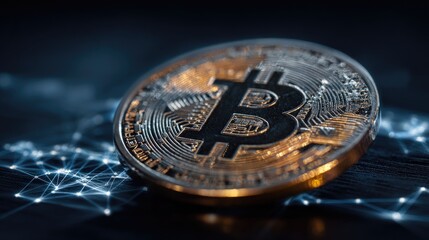 Close-up of a Bitcoin coin on a dark background with network graphic