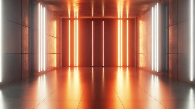Futuristic empty room with glowing vertical neon light warm orange and cool white tones reflecting polished floor creating modern vibrant atmosphere and sleek reflective corridor with metallic walls