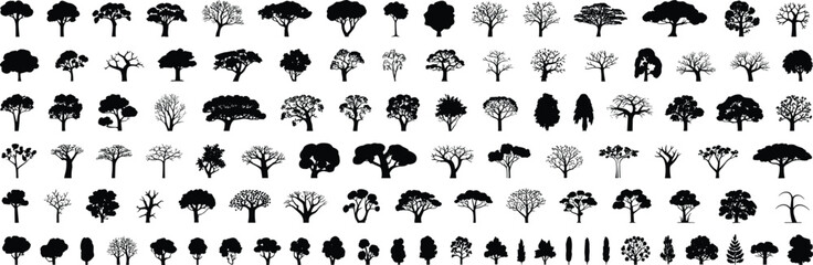 Collection of diverse tree silhouette vector set with forest, park, and garden shapes for landscape, nature, ecology, and urban planning design elements