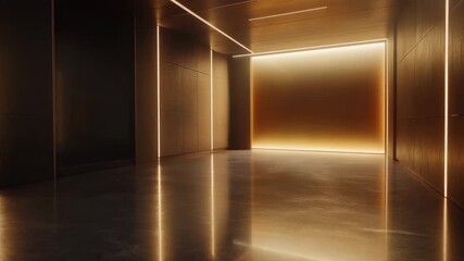Modern empty room with warm ambient lighting, reflective floor, and sleek ceiling design creating cozy, futuristic atmosphere in minimalist interior wall space - Powered by Adobe
